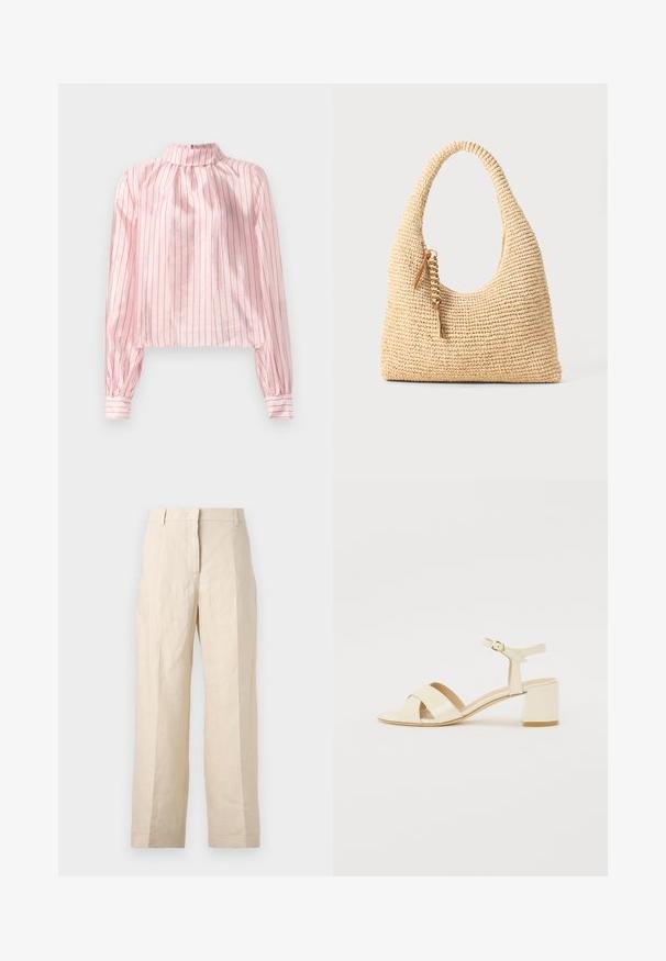 Roosa, triibuline pluus, millel on kõrge krae, pikad varrukad nupukinnistega ja lühendatud disain. Sile tekstuur läikivate aktsentidega.; Bež linasest püksid, millel on lõtv istuvus, volditud eesmine osa ja sirged jalad. Omab vööd, millel on vöökohaga silmused, ja nähtavaid taskuid ei ole.; Beež patentnahast kontsaga sandaalid, millel on risti rihmad, avatud varvas, reguleeritav pahkluu riba ja plokk-konts. Sile tekstuur.; Kootud beež käsipakiga kott, millel on kumer käepide, tekstuuriga pind ja pruun tassi detail. Omab vabalt laskevat, hobo stiilis kuju.