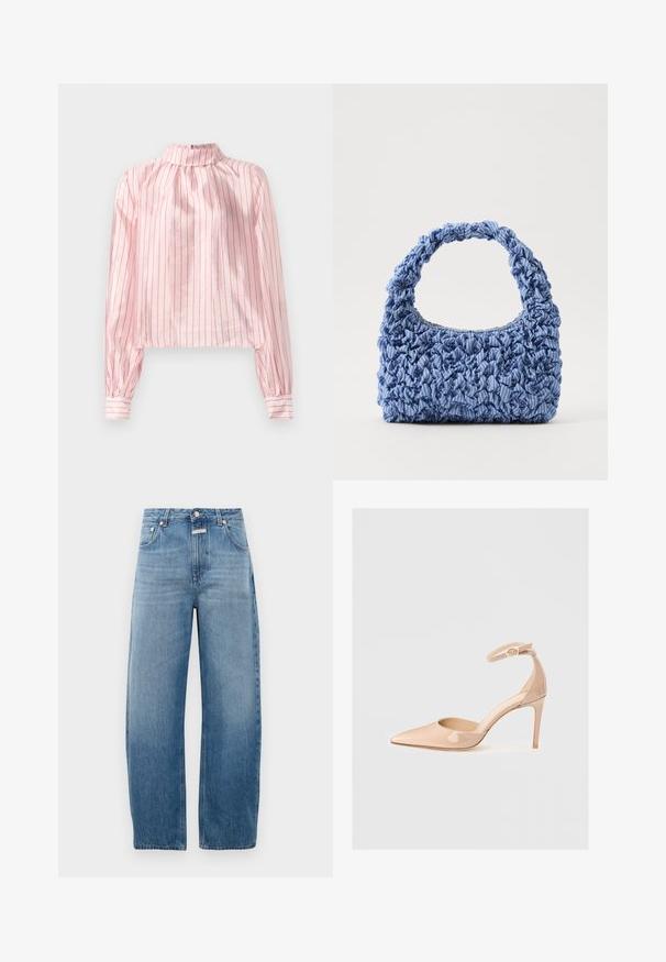 Różowa, paskowana bluzka z wysokim kołnierzem, długimi rękawami z zapinanymi mankietami oraz krótkim krojem. Gładka faktura z błyszczącymi akcentami.; Jasnoniebieskie dżinsy, wysokie w talii, o prostej nogawce. Posiadają klasyczny pięciopocketowy krój oraz metalowe zapięcie na guzik.; Nude lakierowane buty na szpilce z odkrytym palcem i paskiem wokół kostki, charakteryzujące się gładką fakturą i minimalistycznym designem.; Niebieska torebka z tkaniny o zebranej fakturze i grubym, falbaniastym uchwycie. Posiada subtelne paski w całej powierzchni. Kompaktowy prostokątny kształt.