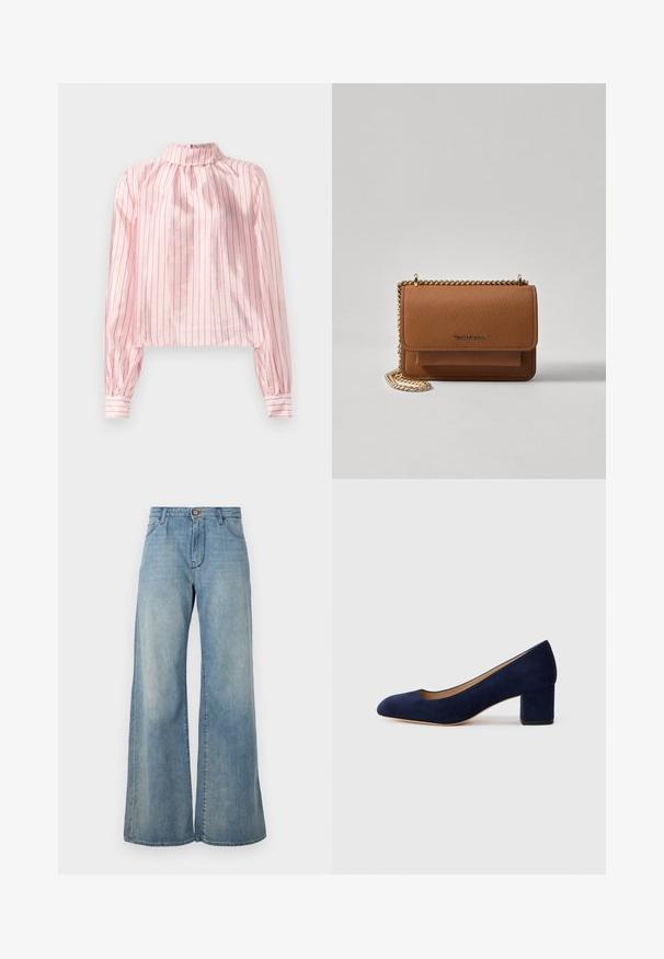 Ružová pruhovaná blúzka s vysokým golierom, dlhými rukávmi s manžetami na gombíky a skráteným strihom. Hladká textúra s lesklými akcentmi.; Svetlomodré široké džínsy vyrobené z denimu. Majú predné zapínanie na gombík, pútka na opasok a dve bočné vrecká. Čistý, minimalický dizajn.; Námořnické modré semišové lodičky s špičatou špičkou a středním blokovým podpatkem. Hladká textura s jemným leskem a malým výstřihem vpředu.; Hnedá textúrovaná kožená taška cez telo s zlatým reťazovým popruhom a preklopným uzáverom. Predná strana obsahuje detail s logom a vrecko pod preklopkou.