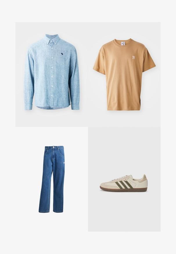 Vaaleansininen napillinen paita tekstuurikankaasta. Siinä on kaulus, pitkät hihat ja pieni tumma logo rinnassa.; Ruskea puuvillainen t-paita, jossa on pyöreä pääntie ja lyhyet hihat. Vasemmassa rintakehässä pieni valkoinen Adidas-logo. Pehmeä materiaali, rento malli.; Siniset korkeavyötäröiset leveälahkeiset farkut, joissa on etupussit, vyölenkit, napitus ja pieni Adidas-logo oikeassa reidessä.; adidas Originals SAMBA OG UNISEX - Matalavartiset tennarit - alumina/medium dark khaki/gum