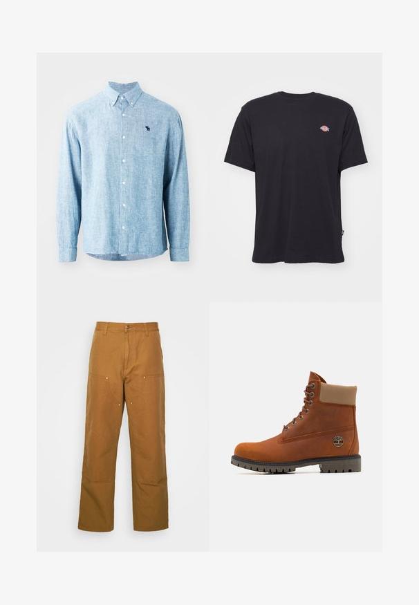Lyseblå skjorte med knapp i et teksturert stoff. Har krage, lange ermer og en liten mørk logo på brystet.; Svart bomulls T-skjorte med korte ermer, rund hals og lite fargerikt logo på venstre bryst. Har en rett søm.; Brune bomull arbeidsbukser med rett ben-design, med frontlommer og metall detaljer for ekstra holdbarhet.; Timberland Snørestøvletter - medium orange