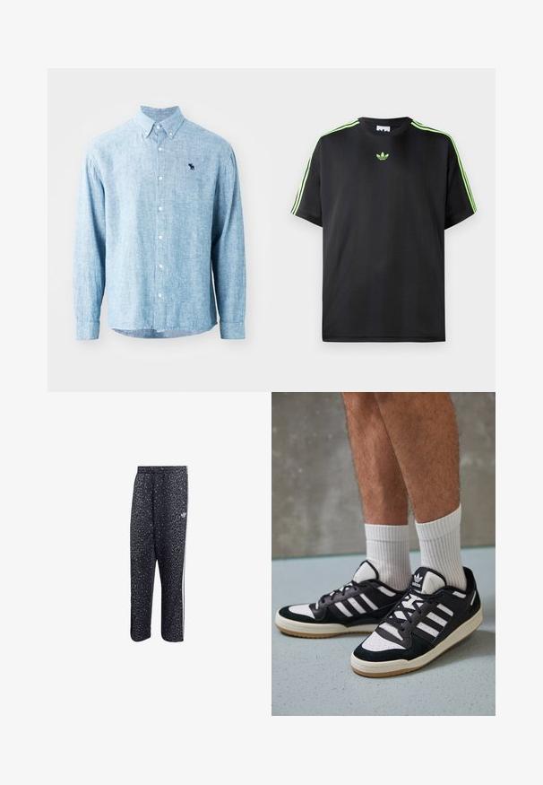 Lichtblauw overhemd met knopen in een gestructureerde stof. Beschikt over een kraag, lange mouwen en een klein donker logo op de borst.; Zwarte T-shirt van gladde stof met een ronde halslijn, voorzien van drie groene strepen op de schouders en een klein groen logo op de borst.; Zwarte sportbroek met een luipaardpatroon, voorzien van een witte drie-strepenontwerp en een logo van een sportmerk aan de zijkant.; Zwart-witte sneakers met een bovenwerk van suede en leer, voorzien van drie witte strepen, een geperforeerde neus en een rubberen gumzool.