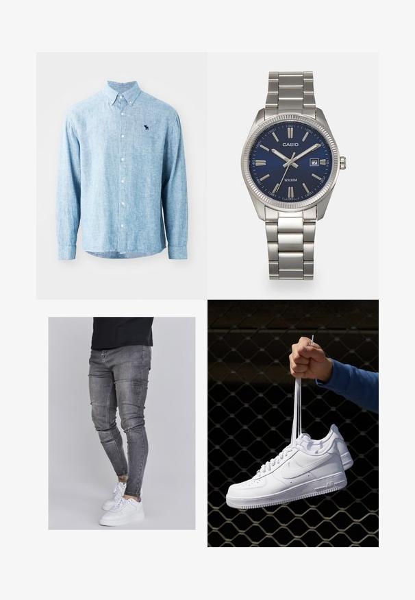 Cămașă de culoare bleu deschis, dintr-un material texturat. Prezintă un guler, mâneci lungi și un mic logo închis la culoare pe piept.; Blugi skinny din denim gri estompat, cu detalii uzate la genunchi, asortați cu adidași albi. Textură netedă, design slim fit.; Adidași albaștri din piele cu perforații, vârf rotund, talpă plată și șireturi groase, cu un logo swoosh vizibil și cu inscripția "AIR" pe toc.; Ceas de mână din oțel inoxidabil argintiu cu un cadran albastru marin, marcaje orare metalice și o fereastră pentru dată la ora 3. Rezistent la apă până la 50 de metri.