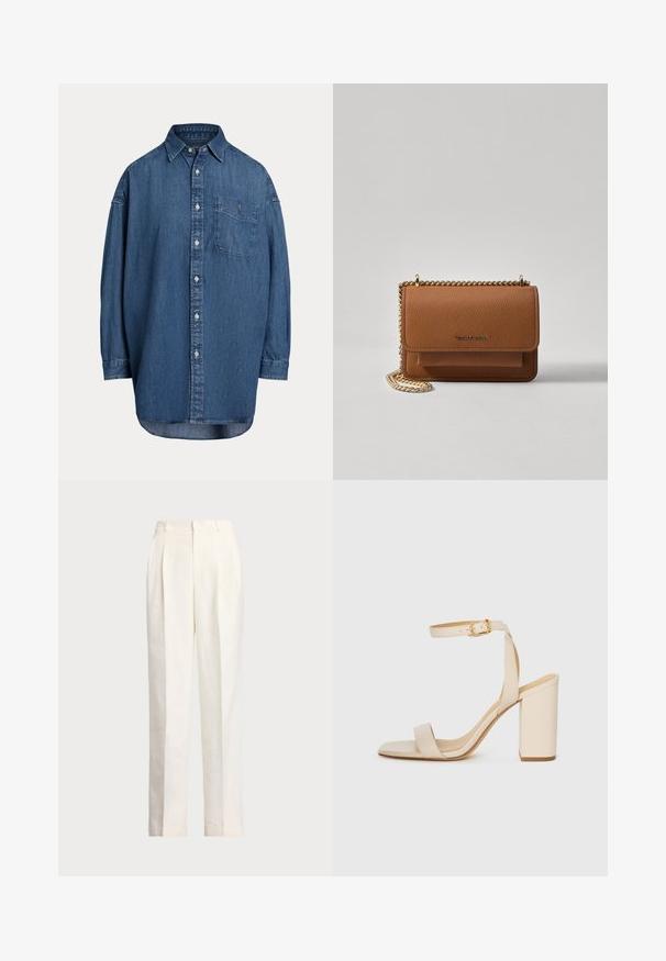 Camisa de ganga abotoada em azul escuro. Apresenta um bolso no peito, mangas longas e um corte descontraído. Detalhes de costura subtis ao longo das costuras.; Polo Ralph Lauren HEMP WIDE LEG PANT - Calças - nevis; Sandalha de salto alto bege com bico quadrado, tira fina no tornozelo e salto bloco. Textura de couro suave com detalhe de fivela dourada.; Bolsa crossbody de couro texturizado castanho com alça de corrente dourada e fecho com aba. A parte da frente apresenta detalhe do logótipo e um bolso sob a aba.