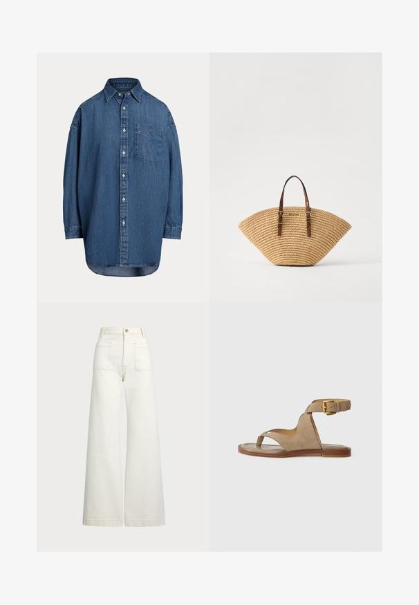 Denim košeľa s gombíkmi v tmavomodrej farbe. Má náprsné vrecko, dlhé rukávy a voľný strih. Diskrétne švy pozdĺž švov.; Džínsy s širšími nohavicami v off-white denim. Vysoký pás s gombíkovým zapínaním, dve predné vrecká a kontrastné švy.; Béžové semišové sandále s prstovým zložením, otvorenými stranami a širokým remienkom na členku so zlatou sponou. Plochá hnedá podrážka s jemným okrajom.; Súšková taška s tvarom ventilátora, hnedé kožené uši a textúrovaný vzor. Prírodná béžová farba s hladkým povrchom a minimálnymi akcentmi.