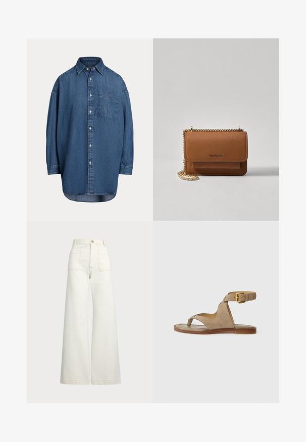 Denim skjorte med knapper i mørkeblå farge. Har en brystlomme, lange ermer og en avslappet passform. Diskrete sømdetaljer langs sømmene.; Vidde bukser i off-white denim. Høyt liv-design med knappelukking, to frontlommer og kontrastsøm detaljer.; Beige semsket sandal med tåsløyfe, åpne sider og en bred ankelstropp med en gullspenne. Flat brun såle med en lett kant.; Brun teksturert lær crossover-veske med gullkjede-stropp og klaffelukking. Fronten har logo-detalj og en lomme under klaffen.