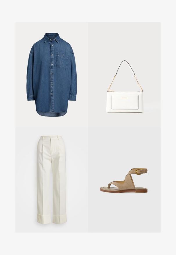 Tamsiai mėlynas džinsinis marškiniai su mygtukais. Turi krūtinės kišenę, ilgomis rankovėmis ir laisvą siluetą. Ploni siuvimo detalės palei siūles.; Baltos pritaikytos kelnės su aukštu liemeniu, dvigubomis priekinėmis raukšlėmis ir plačiomis kojomis su sulenktais kraštais. Pagamintos iš glotnaus, tekstūruoto audinio.; Smėliniai zomšiniai sandalai su piršto kilpa, atviromis šoninėmis dalimis ir plačiu kulkšnies dirželiu, papuoštu auksine sagtimi. Plokščias rudas pado kraštas su šiek tiek iškilumu.; Balta odinė rankinė su tekstūruotu paviršiumi, turinti auksinį grandinėlės dirželį ir juodas detales. Įskaičiuota priekinė kišenė ir užtrauktuko uždarymas.