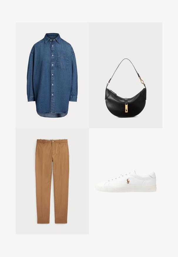 Camicia in denim di colore blu scuro con bottoni. Caratterizzata da una tasca sul petto, maniche lunghe e una vestibilità rilassata. Dettagli di cucitura discreti lungo le cuciture.; Pantaloni in cotone marrone con un design slim-fit, frontale piatto e tasche standard; texture liscia e orli rifiniti.; Sneakers in pelle bianca, design low-top, caratterizzati da una texture liscia, punta rotonda, chiusura con lacci e un piccolo logo ricamato sul lato.; Borsa a tracolla nera in pelle a forma di mezzaluna. Presenta un accento in metallo dorato e una tracolla sottile. Tessuto liscio, chiusura a cerniera nella parte superiore.