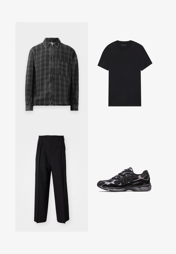 Melnas un pelēkas kvadrātveida raksta zip-up jaka ar apkakli, garām piedurknēm un krūšu kabatu. Izgatavota no teksturēta auduma. Gluda rāvējslēdzējs detaļa.; Melna kokvilnas T-kreklā ar īsām piedurknēm un apaļu kakla izgriezumu. Audumam ir gluda tekstūra un vienkāršs, vienkrāsains dizains.; Melnas plisētās bikses ar taisnu, plata kāja dizainu. Izgatavotas no gludas auduma, ar pogu aizdari un jostas cilpiņām.; Melnas sporta kedas ar sietiņauduma un zamšāda augšdaļu, ar strukturētu dizainu un izturīgu, mīkstinātu pelēku zoli.