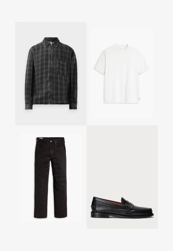 Svart og grå rutete zip-up jakke med krage, lange ermer og brystlomme. Laget av et strukturert stoff. Glatt glidelåsdetalj.; Hvit bomull t-skjorte med korte ermer, rund hals og subtilt Levi's-logo trykt i midten. Myk tekstur og standard passform.; Svarte rette dongeribukser med fem lommer, knappefeste og beltehemper, lagt flatt på en hvit bakgrunn.; Sorte lær loafer med rund tå, broderte detaljer og et dekorativt bånd over fronten. Flat såle med minimal profil.