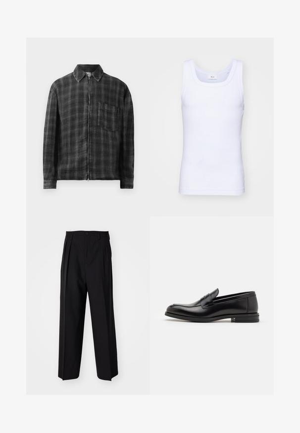 Črna in siva karirana jakna z zadrgo, ovratnikom, dolgimi rokavi in žepom na prsih. Narejena iz teksturiranega materiala. Gladek detajl zadrge.; Bela bombažna brezrokavna majica s krošnjo, ki ima gladko teksturo in prilegajočo obliko, zasnovana za sproščeno nošenje.; Črne nabirane hlače s ravnim, širokim krojem. Narejene so iz gladkega materiala in imajo zadrgo ter pasne zanke.; Črne usnjene loafer čevlje z gladko teksturo, zaobljenim nosom in dekorativnim trakom čez zgornji del. Nizka zložena peta, minimalističen dizajn.