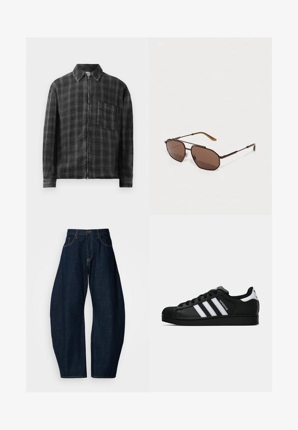 Chaqueta con cierre de cremallera en cuadro negro y gris, con cuello, mangas largas y un bolsillo en el pecho. Fabricada con un tejido texturizado. Detalle de cremallera suave.; Vaqueros de mezclilla azul oscuro con un diseño de pierna ancha, que presentan costuras prominentes, cinco bolsillos y un cierre de botón de latón en la cintura.; Zapatilla negra Adidas Superstar con rayas blancas, punta de concha y texto "Superstar" en el lateral, mostrada en perfil lateral sobre un fondo blanco.; Gafas de sol marrones en forma octogonal con un delgado marco de metal negro, acentuadas por las patillas marrones. Las lentes de oscuro tono ofrecen protección UV.