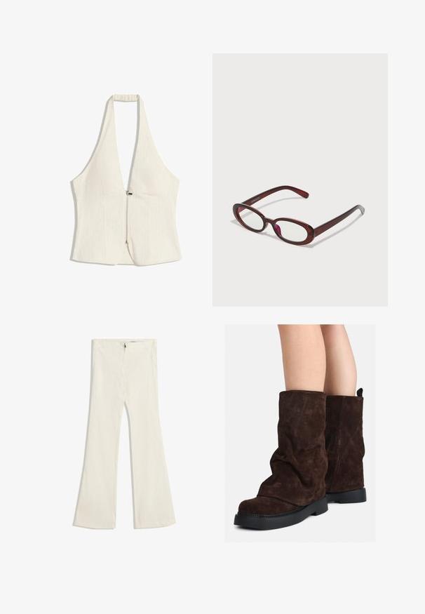 Top s halterneck v svetlem beigem, ki ima globok V-izrez in sprednji zadrgo. Tkanina ima subtilno teksturo, s strukturiranimi paneli in brez rokavov.; Široke hlače iz svetlosive tkanine z rahlo teksturo. Imajo zadrgo in dva žepa spredaj.; Rjave gamšaste škornje do polovice teleta z črnimi gumijastimi podplati, nošene na golih nogah, s rahlim gubanjem na zgornjem delu škornjev.; Ovalno oblikovani rdeči sončna očala s prozornimi lečami in elegantnimi rjavimi okvirji. Oblikovanje vključuje subtilne krivulje in minimalno opremo.; Bežna usnjena torbica z gladko teksturo, dvema zaobljenima ročajema in nastavljivimi trakovi na obeh straneh. Ima srebrne dodatke.