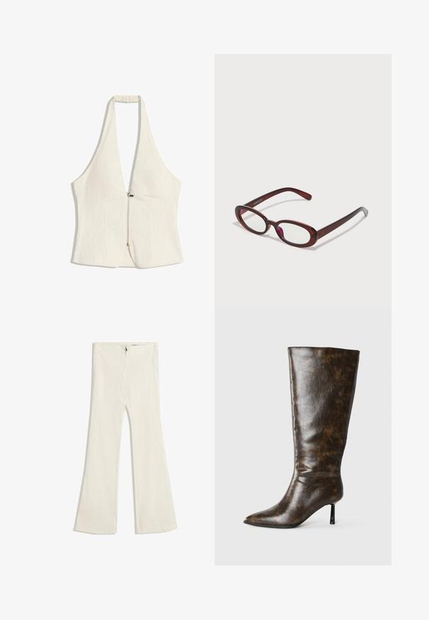 Halterneck top in licht beige, met een diepe V-halslijn en een rits aan de voorkant. De stof heeft een subtiele textuur, met gestructureerde panelen en zonder mouwen.; Uitlopende broek van een lichtbeige stof met een subtiele textuur. Voorzien van een ritssluiting en twee zakken aan de voorkant.; Bruine, versleten leren kniehoge laars met een puntige teen en dunne stilettohak op een witte achtergrond.; Ovaalvormige rode zonnenbril met heldere lenzen en slanke bruine montuur. Het ontwerp heeft subtiele rondingen en minimale hardware.; Beige leren handtas met een gladde textuur, dubbele ronde handvaten en verstelbare strikaccenten aan beide zijden. Voorzien van hardware in zilverkleur.