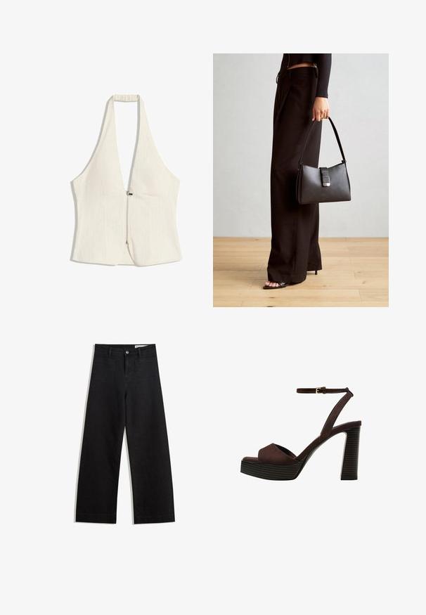 Top s halter izrezom u svijetlo bež boji, s dubokim V-dekolteom i prednjim patentnim zatvaračem. Tkanina ima suptilnu teksturu, s strukturiranim panelima i bez rukava.; Crne široke traperice s visokim strukom, s prednjim i stražnjim džepovima, šivenim šavovima i kopčanjem na gumb. Glatka tekstura.; Smeđe zamšaste sandale s visokim potpeticama, otvorenim prstima, podesivom trakicom oko gležnja i prugastom platformom.; Crna torba s oblikom koji sadrži strukturu, glađu teksturu i metalnu kopču. Uparena s širokim crnim hlačama i sandalama na otvorenom s drvenog poda.