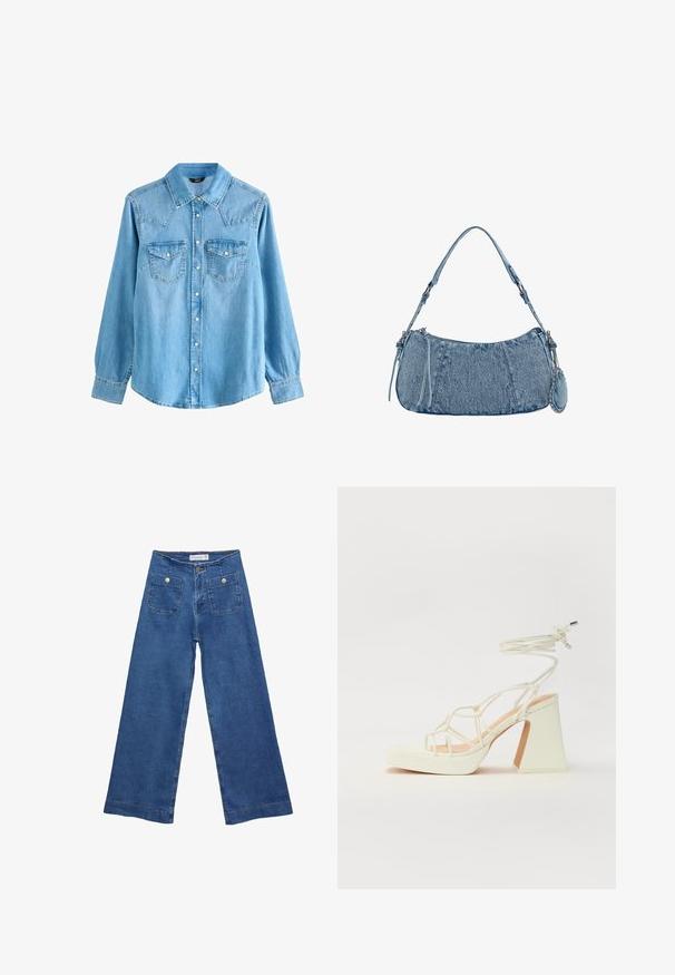 Svetlomodrá denimová košeľa s ostrým golierom, dlhými rukávmi, dvoma vreckami na hrudi a zapínaním na patentky. Má mierne voľnejší strih a západný štýl yoku.; Džínsy s širokými nohavicami v stredne modrej farbe, s dvoma prednými vreckami na gombíkovné zapínanie a šitými detailmi pozdĺž lemov.; Biele sandále na vysokom opätku s hrubým podpätkom, s pruhovaným dizajnom a viazaním na členku. Hladký povrch s platformou vpredu pre zvýšenú výšku.; Džínová kabelka s zakriveným tvarom, svetlomodrej farby, so nastaviteľným popruhom na rameno a malým odnímateľným vreckom s kovovými detailmi.