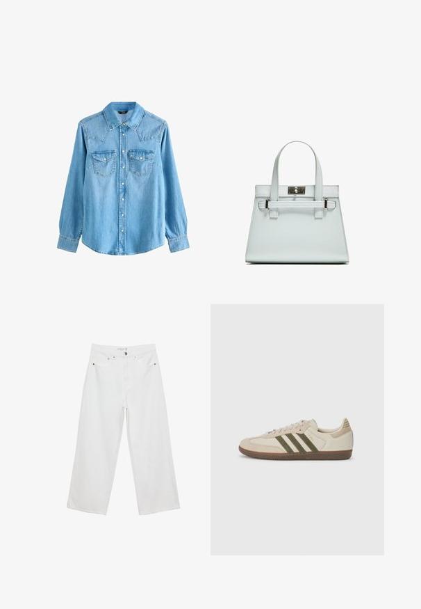 Jasnoniebieska koszula dżinsowa z wywijanym kołnierzykiem, długimi rękawami, dwoma kieszeniami na piersi oraz zapięciem na napy. Charakteryzuje się lekko luźnym krojem oraz karczkiem w stylu westernowym.; Białe spodnie dżinsowe w stylu szerokich nogawek z wysokim stanem, wyposażone w pięć kieszeni i metalowe akcenty. Gładka struktura, bez widocznych wzorów.; adidas Originals SAMBA OG UNISEX mleczny; Jasnoniebieska torebka o strukturalnym designie, z dwoma uchwytami i zapięciem w srebrnym odcieniu. Teksturowany materiał i ostre krawędzie.