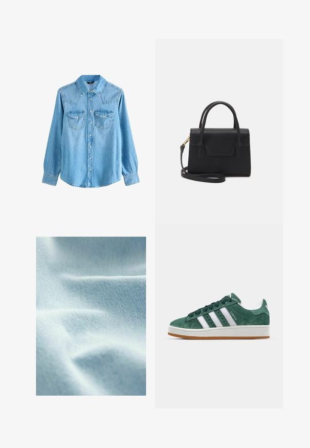 Helles blaues Denimhemd mit spitzt gefaltetem Kragen, langen Ärmeln, zwei Brusttaschen und Druckknopfverschluss. Hat eine leicht lockere Passform und einen Westlichen Stil bei der Schulterpartie.; Helles blaues Gewebe mit glatter Textur und feinem diagonalen Gewebe, das sanfte Falten und subtile Farbvariationen zeigt.; Grüne Wildleder-Sneaker mit weißen Lederstreifen, Gummisohle, gepolsterter Kragen und minimalistischem Design. Mit Branding an der Seite.; Schwarze strukturierte Handtasche aus Leder mit einem oberen Tragegriff, abnehmbarem Schulterriemen und einer Klappe auf der Vorderseite. Akzente in Goldmetall.