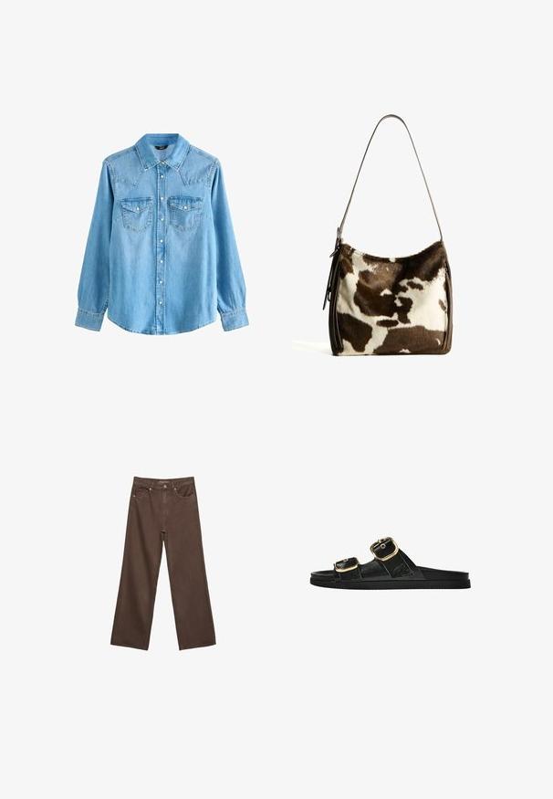 Helles blaues Denimhemd mit spitzt gefaltetem Kragen, langen Ärmeln, zwei Brusttaschen und Druckknopfverschluss. Hat eine leicht lockere Passform und einen Westlichen Stil bei der Schulterpartie.; Weite braune Jeans aus Denim, mit hoher Taille, Fronttaschen und klassischem Knopfverschluss. Glatte Textur mit feinen Nähten.; Schwarze Riemensandale mit zwei goldenen Schnallendetails, glattem Material, flachem Sohlen und minimalistischer Gestaltung.; Braune und cremefarbene Kuhhaut-Umhängetasche mit einem glatten Ledertrageriemen, Reißverschluss und einer weichen, strukturierten Oberfläche mit einem natürlichen Muster.