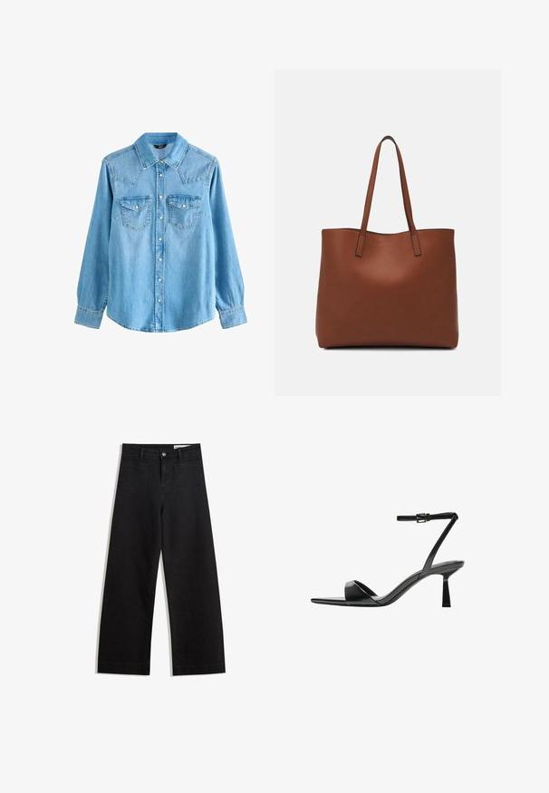 Jasnoniebieska koszula dżinsowa z wywijanym kołnierzykiem, długimi rękawami, dwoma kieszeniami na piersi oraz zapięciem na napy. Charakteryzuje się lekko luźnym krojem oraz karczkiem w stylu westernowym.; Czarne dżinsowe spodnie o szerokich nogawkach i wysokim stanie, z przednimi i tylnymi kieszeniami, przeszyciami oraz zapięciem na guziki. Gładka struktura.; Bershka - Sandały na obcasie; Brązowa skórzana torba tote o gładkiej fakturze, z otwartym wierzchem i dwoma ramiączkami. Charakteryzuje się minimalnym przeszyciem i brakiem widocznych elementów metalowych.