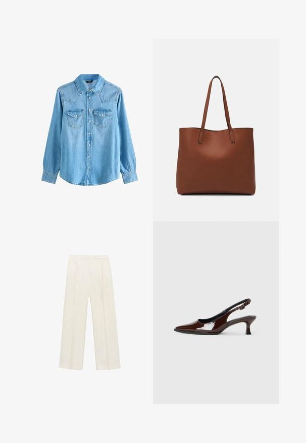 Lichtblauwe denim overhemd met een puntkraag, lange mouwen, twee borstzakken en drukknoopsluiting. Heeft een iets losse pasvorm en een yoke in westerse stijl.; Wijdgevallen broeken in een lichtcrème kleur. Gemaakt van een zachte stof met plooien aan de voorkant en zijzakken.; Bruine gepatineerde leren slingback-schoen met een spitse neus en een gematigd hakje. Voorzien van een gespsluiting voor een veilige pasvorm. Glad van textuur.; Bruine leren tote bag met een gladde textuur, een ontwerp met een open bovenkant en twee schouderbanden. Kenmerkt zich door minimale stiksels en geen zichtbare hardware.