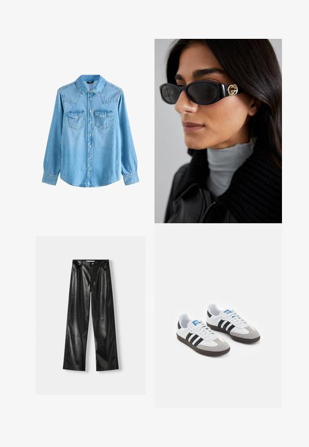 Lichtblauwe denim overhemd met een puntkraag, lange mouwen, twee borstzakken en drukknoopsluiting. Heeft een iets losse pasvorm en een yoke in westerse stijl.; Zwarte leren wijde broek met een glanzende textuur, voorzien van twee voorzakken, een knoopsluiting en zichtbare naden.; Sportschoenen met een witte leren bovenkant, grijze suède neus en drie zwarte strepen. Bevat een blauw logo op de tong en een gestructureerde rubberen zool.; Zwarte zonnebril met een stijlvolle rechthoekige montuur en een gouden logo-accent aan de zijkant. Donkere lenzen en een glanzende afwerking zijn opvallend.; Zwarte leren handtas met een gestructureerde vorm, gouden hardware en een slotdetail. Beschikt over dubbele bovenhandvatten en geperst merk op de voorkant.