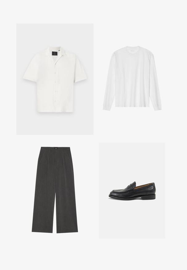 Short-sleeve white shirt with a textured fabric, featuring a collar and four button front closure. Minimal design with no additional patterns.; White long-sleeve cotton t-shirt with a crew neck, featuring ribbed cuffs and a straight hem, smooth texture, and minimalistic design.; Wide-leg trousers in dark grey fabric, featuring a pleated front, two side pockets, and a flat waistband. Smooth texture and tailored design.; Black leather loafers with a smooth finish, rounded toe, and decorative stitching on the vamp. Low stacked heel and slight shine.