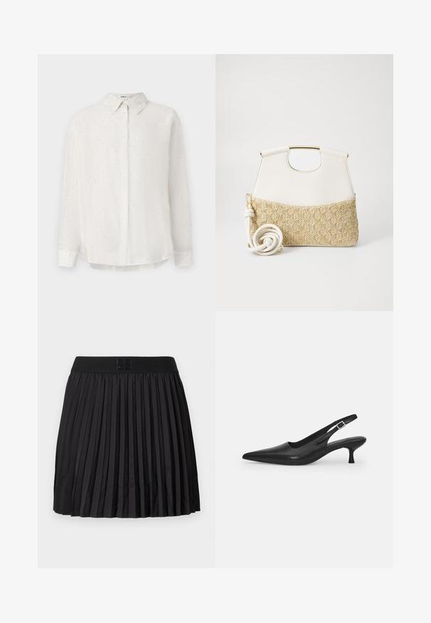 Witte button-up shirt van gladde stof, met subtiele stippenpatronen en een klassieke kraag. Lange mouwen met knoopsluiting bij de manchetten.; Zwarte geplooide rok met een soepele textuur, voorzien van een effen zwarte tailleband en een reliëflogo-detail aan de voorkant.; Zwarte leren slingback schoen met een puntige neus en een slanke, gebogen hak. Voorzien van een discrete verstelbare band met een metalen gesp.; Witte leren handtas met een doorgetrokken creme geweven stof aan de onderkant. Voorzien van een gouden handvat en een opgerolde witte schouderband voor veelzijdigheid.