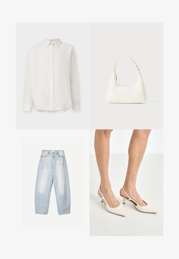 Bílá košile na knoflíky vyrobená z hladké tkaniny, s jemným tečkovaným vzorem a klasickým límcem. Dlouhé rukávy s knoflíkovými manžetami.; Světle modrý krajkový tílko s tenkými ramínky, zdobené vlnitým krajkovým lemem a květinovým vzorem, navržené pro přiléhavý střih.; Světle modré džíny s volným střihem, s vybledlým povrchem, dvěma předními kapsami a zapínáním na knoflík v pase.; Béžové lakované lodičky na podpatku s špičatou špičkou a 5 cm podpatkem, se vykrojenými boky a tenkým kotníkovým páskem.; Malá bílá ramenní taška s jedním nastavitelným popruhem a zipovým uzávěrem, umístěná na jednobarevném bílém pozadí.