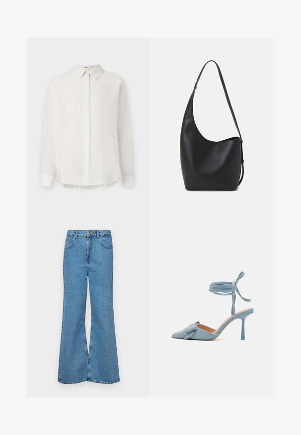 Bela srajca s kragicami iz gladkega blaga, ki ima subtilne pikaste vzorce. Dolgi rokavi z gumbnimi zapestji.; Svetlo modri razširjeni džins hlače iz denima, z visokim pasom, petimi žepi in enim gumbom za zapiranje. Mehka tekstura z blagim zbledelim videzom.; Visoke pete s izostrenim nosom v svetlo modrem blagu z teksturiranim videzom, ki vključuje poudarek z mašnjo in trak okoli gležnja za varno prileganje.; Črna usnjena hobo torba z gladko teksturo, ukrivljeno obliko in eno nastavljivo naramnico; ima širok odprtina na vrhu.