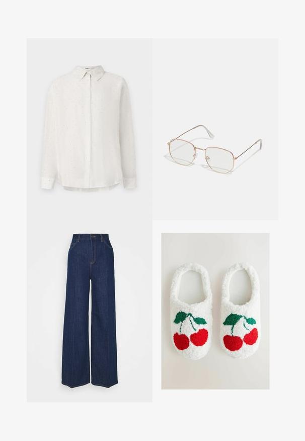 Bijela košulja s dugim rukavima izrađena od glatke tkanine, s diskretnim uzorkom točkica i klasičnom ovratnikom. Dugi rukavi s dugmadi na manšetama.; Tamno plave traperice s visokim strukom i širokim nogavicama, s prednjim i stražnjim džepovima, zatvaračem na gumb i vidljivim detaljima šivanja.; Bijele plišaste papuče s izvezenim motivom trešnje u crvenoj i zelenoj boji. Mekana tekstura s jednostavnim oblikom za nošenje.; Pravokutne naočale s tankim okvirom od ružičastog zlata. Jasne leće, prozirni vrhovi leća i delikatni detalji oko leća.