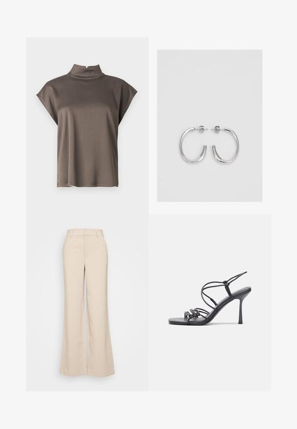 Rjava majica s kratkimi rokavi in visokim ovratnikom, izdelana iz gladkega, lahkotnega materiala ter sproščenega kroja. Enostaven, čist dizajn brez okrasitev.; Bež hlače širokih nogavic z gladko teksturo, ki imajo visok pas in dva sprednja žepa. Čista zasnova s krojenjem, ki se prilega.; Črne visoke sandale na peto imajo tanke naramnice z vozlom, gladek kvadratni toe in eleganten stiletto peto.; Srebrne obročaste uhane z gladko, sijočo površino. Zaobljena oblika, lahka zasnova, z zapiranjem na zatič.