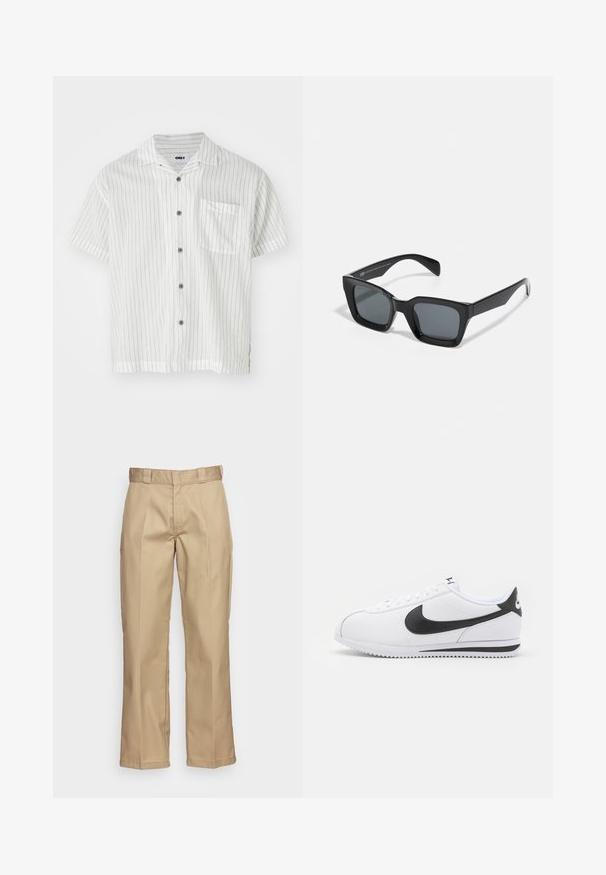 Korte mouw button-up overhemd in het wit met dunne verticale zwarte strepen, borstzak en grijze knopen; lichtgewicht stof met een gladde textuur.; Khaki broek met een recht model, gemaakt van stevig materiaal, met een gladde textuur en dubbele plooien aan de voorkant voor extra detail.; Witte leren sneakers met zwarte Nike swoosh, platte veters en een getextureerde rubberen zool. Ronde neus en gevoerde kraag voor comfort.; Zwarte rechthoekige zonnebril met donkere lenzen. Kunststof frame met een glanzende afwerking, met een brede neusbrug en licht taps toelopende pootjes.