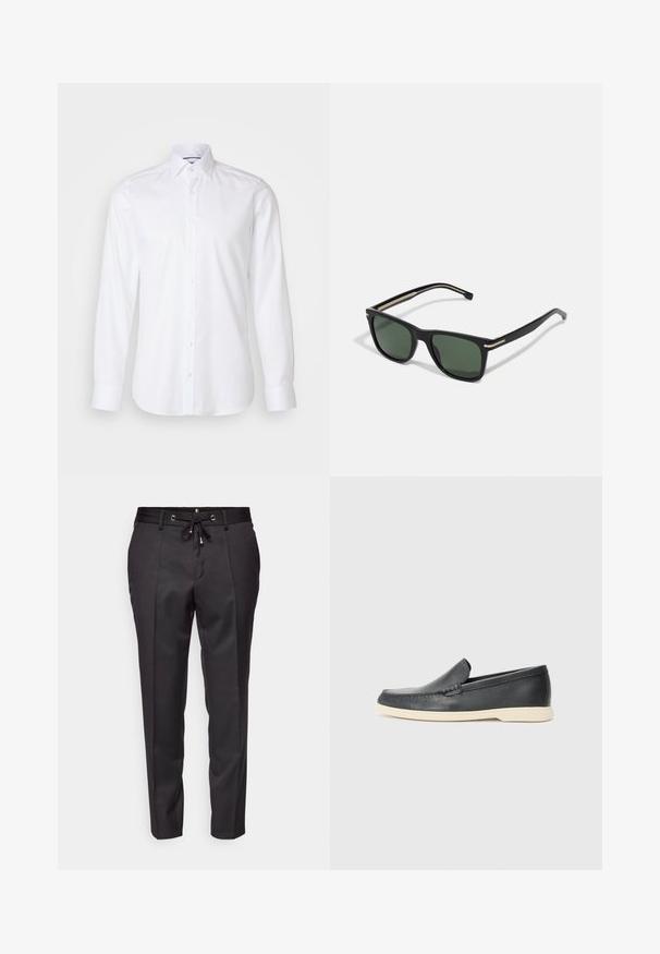 Chemise blanche à manches longues en coton, avec un col boutonné, des boutons sur le devant et un ourlet légèrement arrondi. Texture lisse et unie.; Pantalons noirs ajustés avec une taille à cordon, devant plissé et ourlets à revers. Fabriqués en tissu lisse avec une coupe structurée.; Mocassins noirs en cuir à enfiler avec une finition texturée et une semelle en caoutchouc beige contrastante. Présente un accent subtil sur le devant.; BOSS Lunettes de soleil - black