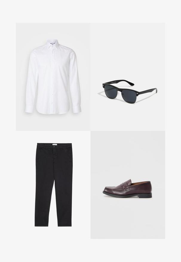 Witte lange mouwen overhemd van katoen, met een button-down kraag, knopen aan de voorkant en een licht afgeronde zoom. Gladde, effen textuur.; Zwarte katoenen broeken met een slim fit, voorzien van twee zijzakken en een sluiting met een voorknop. Geweven stof met subtiele.details.; Bordeaux leren loafers met een ronde neus, subtiele stiksels en een lage zwarte zool. Klassiek ontwerp met minimale versieringen.; Zwarte zonnebril met een rechthoekige vorm, donkere lenzen, zilveren accenten bij de slapen en een matte afwerking op het montuur.
