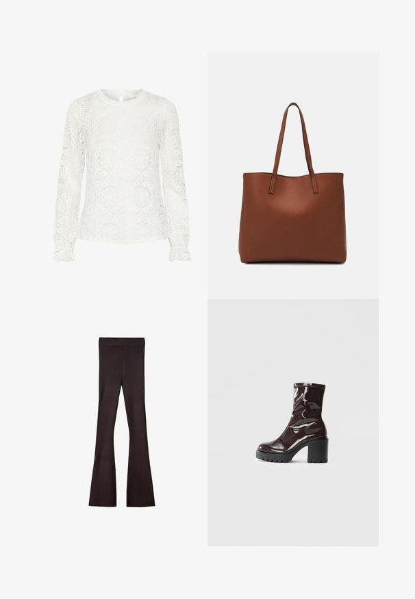 Bluza albă cu mâneci lungi din dantelă cu un model geometric floral, decolteu cu margini crestate și închidere cu nasturi la spate.; Bershka Pantaloni - dark brown; Botine lucioase burgundy, cu toc gros negru, având o textură netedă și un design simplu. Fără închideri sau modele vizibile.; Geantă de umăr din piele maro cu o textură netedă, design cu vârf deschis și două curele pentru umăr. Prezintă cusături minime și fără componente metalice vizibile.