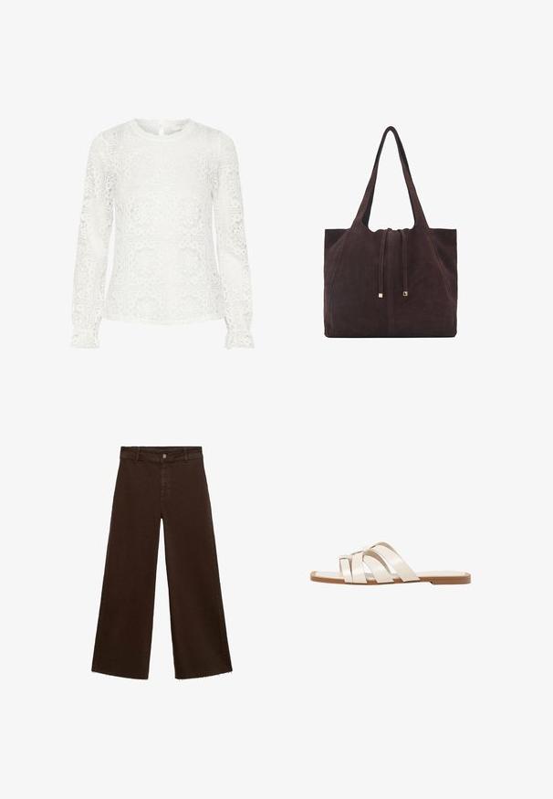 Bijela bluza s dugim rukavima od čipkaste tkanine s geometrijskim cvjetnim uzorkom, zaobljenim dekolteom i kopčanjem na gumbove straga.; Smeđe široke hlače od pamuka, s raspucanim rubom, prednjim kopčanjem na dugme i klasičnim dizajnom s pet džepova. Minimalističke i svestrane.; Ravne sandale s smeškom od gume, dizajnirane s tri preklapajuće bele kožne trake i malim detaljem mašne u sredini.; Mango Velika torba - dark brown