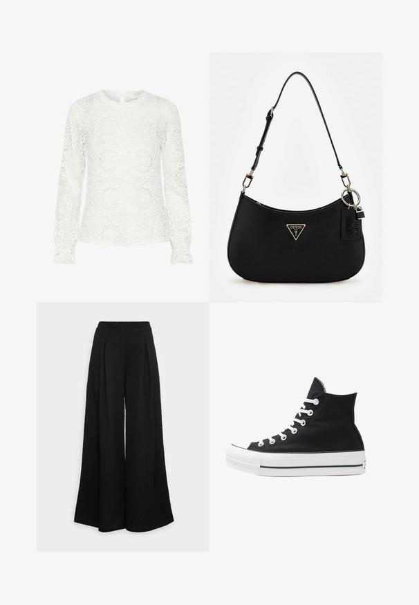 Balta garām piedurknēm blūze, kas izgatavota no mežģīnēm, ar ģeometriskiem izgriezumiem, apaļu dekoltē un frillēm pie piedurknēm. Ar atslēgas formas aizmugures detaļu.; Platas kāju melnas bikses, izgatavotas no mīksta auduma, ar priekšējām krokām un augstu jostasvietu, nodrošinot plūstošu siluetu.; Augstie melnie kanvas sporta apavi ar baltām acs caurumiem, auklām un gumijas zoli. Iespējamais teksturēts purngals un melnbaltas svītras.; Melnā sintētiskā pleca soma ar izliekta siluetu, struktūras apdari, zelta trīsstūra logotipu un atdalāmiem aksesuāriem.