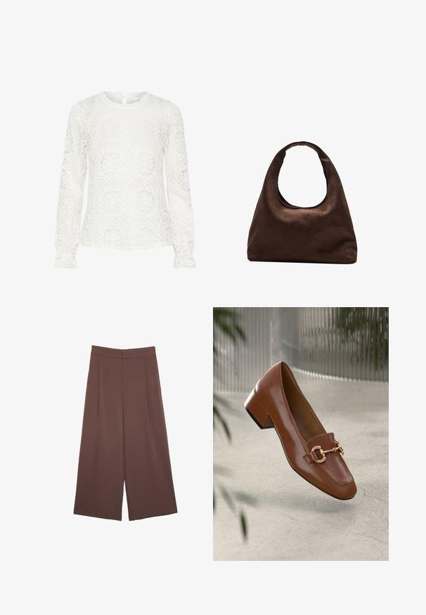 Weiße Langarmbluse aus Spitze mit geometrischen Ausschnitten, Rundhalsausschnitt und Rüschensäumen. Detail mit Schlüsselloch hinten.; Braune Weite-Leg-Hosen mit einer glatten Textur, hoher Taille und Vorderfalten. Der Stoff ist leicht und fällt locker.; Braune Lackleder-Loafer mit quadratischer Zehenpartie, metallischem Kettenakzent und niedrigem Blockabsatz; glatte Textur, minimalistisches Design.; Weiche braune Hobo-Stil Handtasche mit einem einzigen breiten Trageriemen und einer geschwungenen Oberteilöffnung, auf einem weißen Hintergrund präsentiert.
