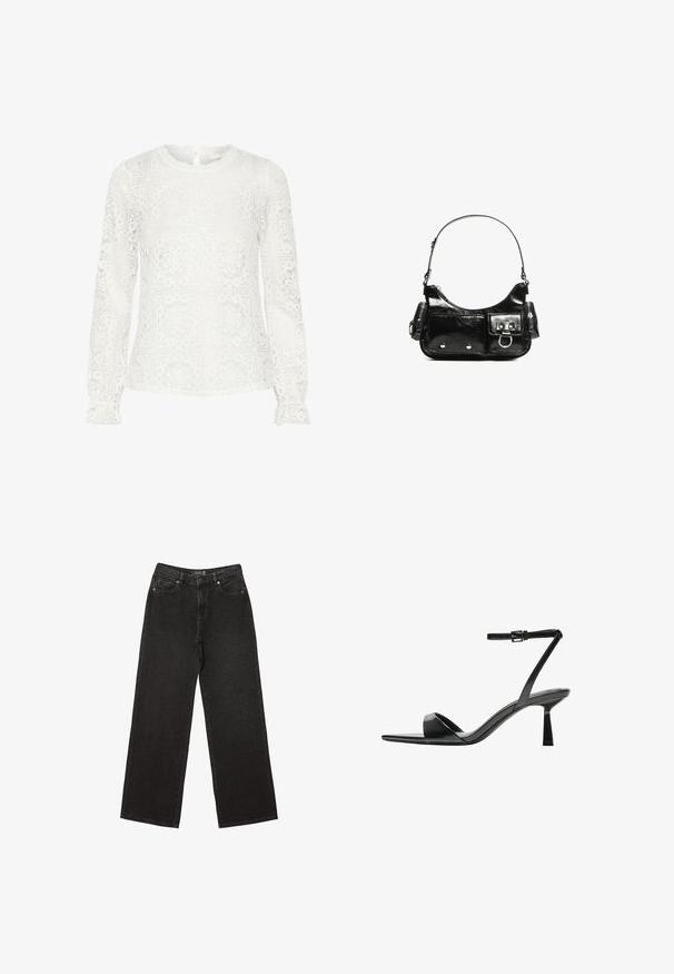 Valkoinen pitkähihainen pitsipaita, jossa on geometrisia aukkoja, pyöreä pääntie ja röyhelömäiset hihansuut. Avaus yksityiskohtana takana.; Mustat leveät farkut, jotka on valmistettu denimestä ja joissa on pieniä pistekuvioita, perinteinen viisi-taskuinen muotoilu sekä nappi- ja vetskarihyttys.; Bershka Korolliset sandaalit - black; Mustekko mustasta kiiltonahasta valmistettu käsilaukku, jossa on kaareva muoto, yksi olkahihna, etutaskut ja hopeanväriset yksityiskohdat.
