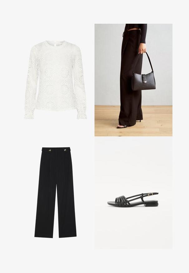 Bílá dlouhá krajková halenka s geometrickými výřezy, kulatým výstřihem a volánkovými manžetami. Detail na zadní straně ve tvaru klíčové dírky.; Černé široké kalhoty s vysokým pasem, detailní knoflíky na pase a přední záhyby.; Černé ploché sandály se spíleným designem, které mají několik kožených pásků a štíhlý páskový přezkový uzávěr na kotníku. Podešev je plochá a obdélníková.; Černá kabelka se strukturovaným tvarem, hladkým povrchem a kovovým uzávěrem. Kombinována s širokými černými kalhotami a sandály s otevřenou špičkou na dřevěné podlaze.