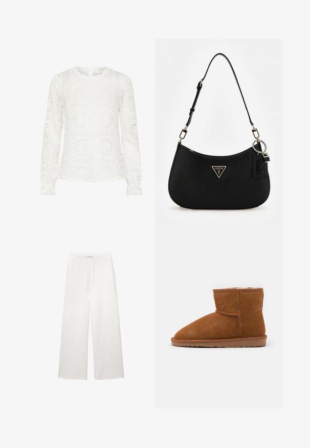 Biela blúzka s dlhým rukávom z čipky, so geometrickými výrezmi, okrúhlym výstrihom a volánovými manžetami. Detail s kľúčovou dierkou na chrbte.; Voľné biele nohavice s širokými nohavicami, elastickým pásom a šnúrkou, navrhnuté na neformálne nosenie.; Hnedé semišové členkové topánky s okrúhlou špičkou a mäkkou podšívkou, vybavené plochou gumovou podrážkou a minimálnymi švovými detailami.; Čierna syntetická plecnička s oblým siluetom, textúrovaným povrchom, zlatým trojuholníkovým logom a odnímateľnými kovovými detailmi.; Náhrdelník z sladkovodných perál s rovnomernými guľatými bielymi perlami, osadený so strieborným zapínaním a predlžovacím reťazcom pre nastaviteľnú dĺžku.