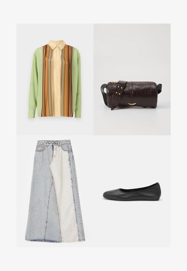 Koszula z długim rękawem w jasnym zielonym i kremowym żółtym kolorze, z pionowymi paskami w odcieniach brązu, pomarańczu i czerwieni; pięć guzików z przodu.; Spódnica dżinsowa z wzorem patchworkowym z jasnoniebieskimi i średnioniebieskimi sekcjami, postrzępionymi brzegami i wysokim stanem. Klasyczny fason z pięcioma kieszeniami.; Czarne skórzane baletki z zaokrąglonym noskiem, gładką fakturą, minimalnymi przeszyciami i elastycznym designem podeszwy.; Brązowa torba ze skóry z tłoczeniem krokodyla w kształcie cylindrycznym, z metalowymi elementami w kolorze złotym oraz odczepianym paskiem z ćwiekami.