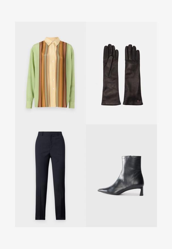 Šviesiai žalia ir kreminės geltonos spalvos ilgomis rankovėmis marškiniai, su vertikaliomis rudomis, oranžinėmis ir raudonomis dryžiais; penki mygtukai priekyje.; Jūriniai pritaikyti kelnes su tiesiu kirpimu, turinčios lygų paviršių, dvi priekinės kišenės ir švarus liemuo.; Juodas odinis kulkšninis batas su smailiu pirštu ir elegantišku dizainu. Turi žemą kulną ir užtrauktuką gale. Lygi tekstūra.; WEEKEND MaxMara SENAPE - Pirštinės - nero