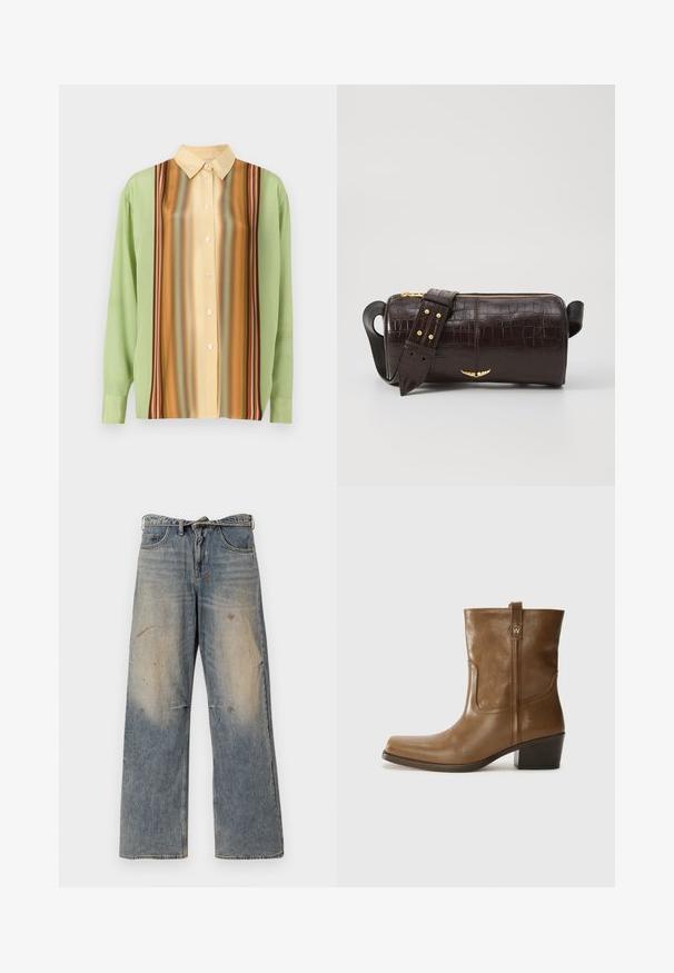 Μακρυμάνικη μπλούζα σε ανοιχτό πράσινο και κρεμ κίτρινο, με κάθετες ρίγες σε καφέ, πορτοκαλί και κόκκινο χρώμα; πέντε κουμπιά μπροστά.; Ανοιχτό μπλε τζιν παντελόνι με χαλαρή, ίσια γραμμή. Διαθέτει φθορά, αποχρώσεις και φθαρμένα σημεία κοντά στα γόνατα. Κλασικό στυλ πέντε τσεπών.; Καφέ δερμάτινη μπότα έως τον αστράγαλο με τετράγωνο άκρο, υφή, και χαμηλό στακ καστόρι. Διαθέτει πίσω λουρί για εύκολη εφαρμογή και διακριτές λεπτομέρειες ραφής.; Καφέ τσάντα από δέρμα με ανάγλυφο σχέδιο κροκοδίλου, κυλινδρικό σχήμα, χρυσές λεπτομέρειες και αποσπώμενος ιμάντας με τρουκς.