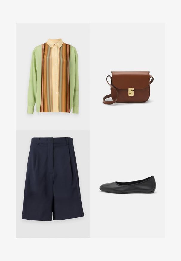 Cămașă cu mânecă lungă în verde deschis și galben cremos, prezentând un model de dungi verticale în nuanțe de maro, portocaliu și roșu; cinci nasturi pe față.; Șorturi bleumarin, croite, fabricate dintr-un material neted, cu talie înaltă, pliuri în față și buzunare pe laterale. Siluetă curată și structurată.; Balerini din piele neagră, cu vârf rotund, textură netedă, detalii de cusătură minimale și un design al tălpii flexibil.; Geantă de piele maro cu închidere tip capac, accesorii de culoare aurie, curea de umăr și o textură netedă. Formă compactă și rectangulară.