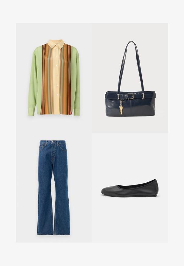 Long-sleeve shirt in light green and creamy yellow, featuring vertical striped patterns in brown, orange, and red; five buttons down the front.; Blue denim flared jeans with a high waist, featuring five pockets, a silver button closure, and visible stitching accents.; Black leather ballet flat with a rounded toe, smooth texture, minimal stitching detail, and a flexible sole design.; Navy leather handbag with two long handles, a buckle detail, and a keychain attached. Features a smooth texture and a rectangular shape.