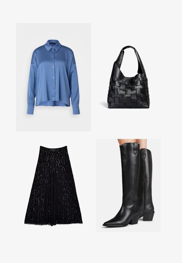 DRYKORN CLOELIA - Skjorta - blue-grey; Svart spetskjol med en utsvängd silhuett, prydd med ett texturerat mönster och en slät midja, knälång med ett foder inuti.; Knähöga svarta läderstövlar med spetsig tå, klack med blockform och dekorativ sömnad. Sidskedja och dragflik upptill för enkel påtagning.; Svart lädervävd toteväska med en avslappnad form och bred axelrem. Har en strukturerad, flätad design med en slät yta.