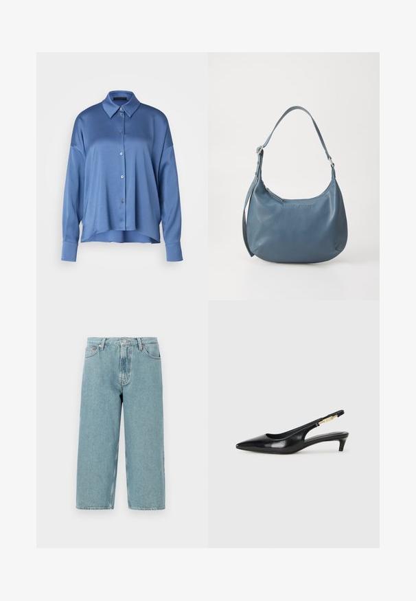 DRYKORN CLOELIA - Blusa com botões - blue-grey; Shorts de denim azul claro com cintura alta, corte reto e bainha desfiada. Apresenta um fecho clássico de botão e zipper, além de quatro bolsos.; Saltos slingback em couro preto com bico fino, apresentando um salto esguio e um detalhe em tom dourado na alça ajustável. Textura suave.; Bolsa de couro azul com formato arredondado, alça única para o ombro, fecho em zíper e nome da marca em relevo na parte da frente. Textura suave.