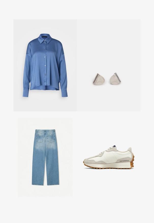 DRYKORN CLOELIA - Skjorta - blue-grey; Ljusblå denimjeans med rak bendesign, som har två bakfickor och en urvaskad yta vid de övre delarna.; Vit och beige sneaker med ovandel i slätt läder och mockadetaljer. Har runda snören, en dämpad sula och en texturerad gummiyttersula.; Silverfärgade metallörhängen med en slät, tårformad design och en polerad yta. Subtila gravyrer tillför detaljer. Minimalistisk design.